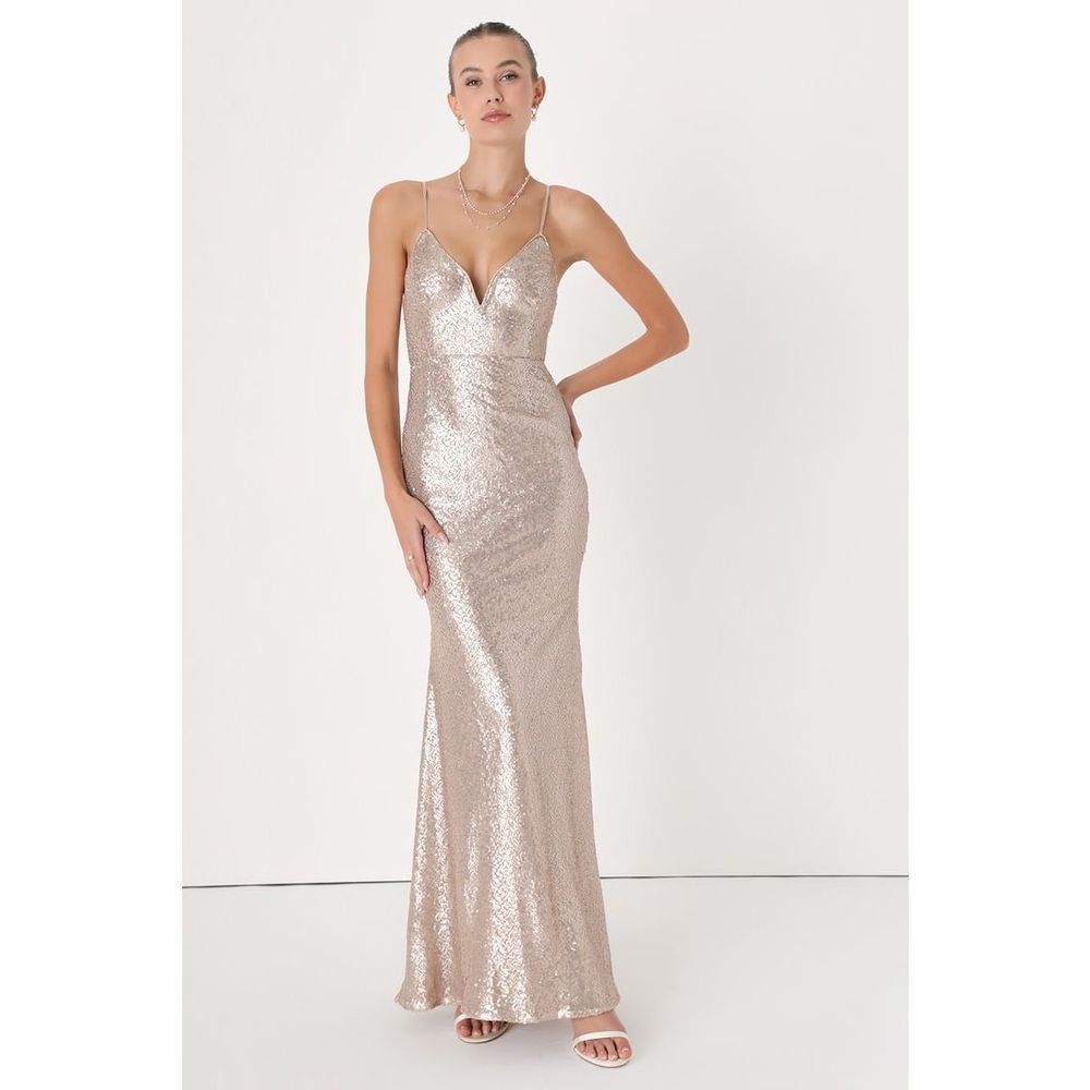 NWT NEW Lulus Blush Sequin Open Back V-Neck Formal Maxi Dress Full Length Size S